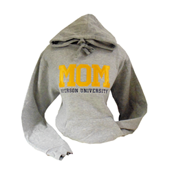 A grey hoodie with pocket on stomach. Mom in orange text and Ryerson University in black text embroidered on the centre of the chest.
