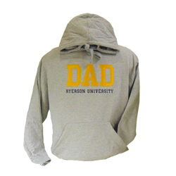 A grey hoodie with pocket on stomach. Dad in gold text and Ryerson University in black text embroidered on the centre of the chest.