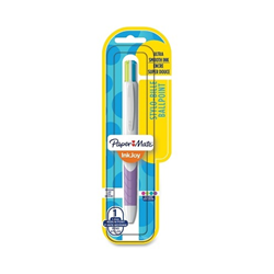 A four colour Paper Mate brand ballpoint pen in blue and yellow packaging. Features magenta, lime, turquoise and purple ink.