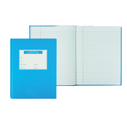 A bright blue lab book with lined paper pages.