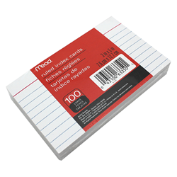 A pack of 100 Mead brand ruled index cards in red packaging.