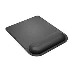 A black Kensington brand mouse pad with gel wrist rest.