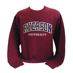 A maroon crewneck sweater. Ryerson University in blue and white text is embroidered on the centre of the chest.
