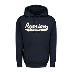 A navy fleece hoodie. Ryerson University white text appears on the centre of the chest.