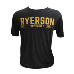 A black crewnect t-shirt. Ryerson University in gold text appears in the centre of the chest.