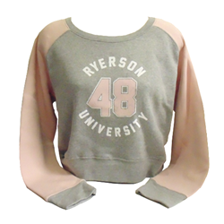 A grey and light pink crewneck sweater. Ryerson University white text and 48 light pink text appear in the centre of the chest.