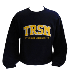 A navy blue crewneck sweater. TRSM Ryerson University gold and white text appears on the centre of the chest.