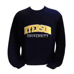 A navy blue crewneck sweater. Ryerson University gold and white text appears on the centre of the chest.