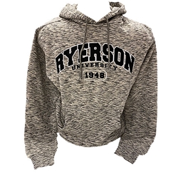 A grey salt and pepper hoodie with a pocket across the stomach. Ryerson University appears in black and white text across the chest.