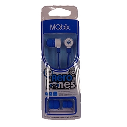 A pair of blue and white MQbix brand Aerofones earbuds in blue and white packaging.