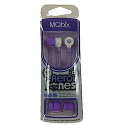A pair of purple and white MQbix brand Aerofones earbuds in purple and white packaging.
