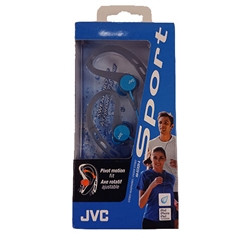 A pair of blue JVC headphones in blue packaging showing two people running.