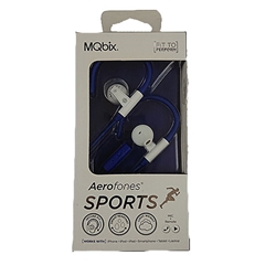 A pair of navy and white MQbix brand Aerofones Sports earbuds in white and navy packaging.