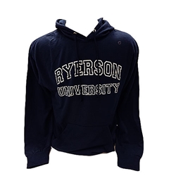 A navy blue hoodie with a pocket across the stomach. Ryerson University appears as white embroidery across the centre of the chest.