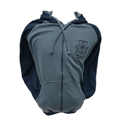 A two-toned blue full zip fleece sweater. The Ryerson University crest appears in black on the right side of the chest.