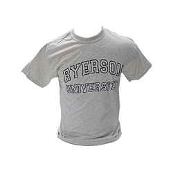 A light grey crewneck t-shirt. Ryerson University appears as navy blue outlined text across the chest.