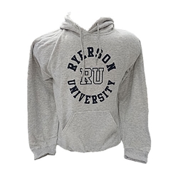 A light grey hoodie with a pocket across the stomach. Ryerson University appears in navy blue in a circle across the chest, with a navy blue outline of the letters RU in the centre of the circle.