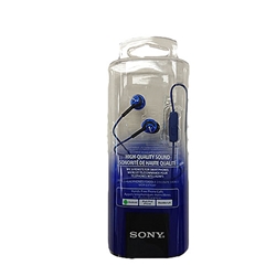 A pair of blue Sony earbuds with a microphone and remote in blue packaging.