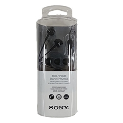 A pair of black Sony MDR-EX110AP earbuds in a white package.