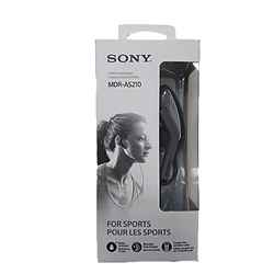 A pair of black Sony MDR-AS210 sport earbuds in a white package with a female face.
