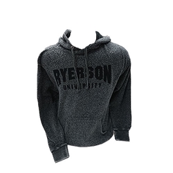 A dark grey hoodie with a pocket across the stomach. Ryerson University in black text appears on the centre of the chest.
