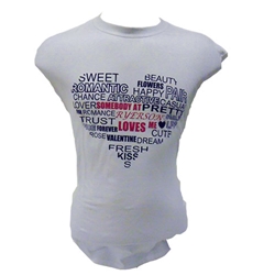 A white t-shirt with the words someone at Ryerson loves me in red text appearing on the front in the shape of a heart.
