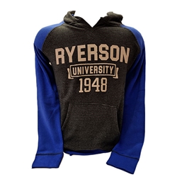 A blue and charcoal long sleeved hoodie. Ryerson University appears across the chest in light grey text