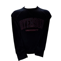 A black long sleeved crewneck. Ryerson University in black and maroon text is embroidered on the centre of the chest