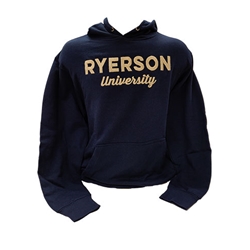 A navy long sleeved hoodie. Ryerson University in white text is embroidered on the centre of the chest