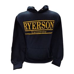 A navy long sleeved hoodie. Ryerson University appears across the chest in a yellow text