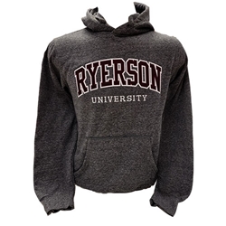 A black heather long sleeved hoodie. Ryerson University in maroon and white text is embroidered on the centre of the chest