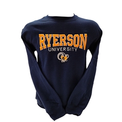 A navy crewneck sweater. Ryerson University yellow text appears on the centre of the chest, along with a gold and navy ram head.
