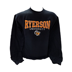 A black crewneck sweater. Ryerson University yellow text appears on the centre of the chest, along with a gold and black ram head.