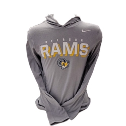 A grey long sleeve shirt. Ryerson Rams white and yellow text appears on the centre of the chest circling above the Rams logo