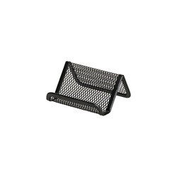A business card holder with a mesh wire metal design and dimensions of 3-3/4"W x 2-3/4" D x 1-3/4"H