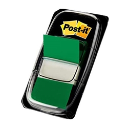 A package of 50 stick-on flags in the color green. Includes 1 dispenser. Each strip measures 1.7" x 1" (43 mm x 25 mm)