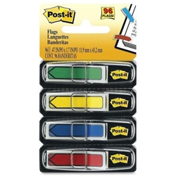 A package of 96 flags. 24 each of yellow, blue, green and red with a arrow outline. Each strip measures 1.7" x 0.5" (43 mm x 13 mm)