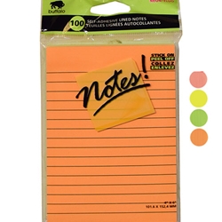 A pack of 4" x 6" ruled adhesive Notes (adhesive is along top of 4" edge). 100 sheets in various neon colors