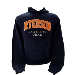 A navy blue long sleeved hoodie. Ryerson in white and gold text and University Grad in white text embroidered on the centre of the chest.