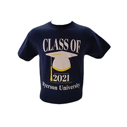 A navy crewneck t-shirt. Class of 2021 in white text and a white/yellow graduation cap appears in the centre of the chest.