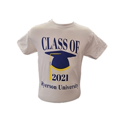 A white crewneck t-shirt. Class of 2021 in navy text and a navy/yellow graduation cap appears in the centre of the chest.