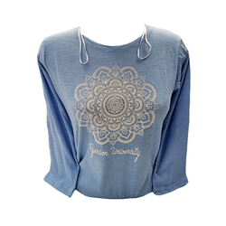 A blue crewneck with 3/4 quarter sleeves shirt. A print floral design and Ryerson University appears across the chest in white
