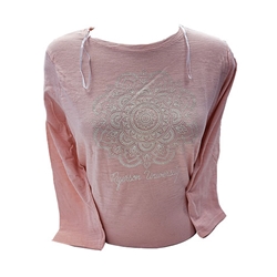 A light pink crewneck with 3/4 quarter sleeves shirt. A print floral design and Ryerson University appears across the chest in white