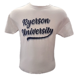 A white crewneck t-shirt. Ryerson University navy text appears on the centre of the chest