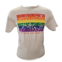 A white crewneck t-shirt. A distressed LGBTQ+ pride flag appears on the centre of the chest with Ryerson University right below it