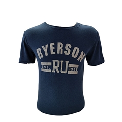 A deep blue crewneck t-shirt. Ryerson RU Est. 1948 in white text appears on the centre of the chest