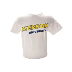 A white crewneck t-shirt. Ryerson University in yellow and blue text appears in the centre of the chest.