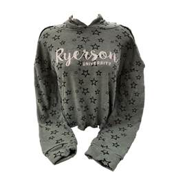 A olive crop top hoodie with stars in a black outline. Ryerson University in white text appears in the centre of the chest.