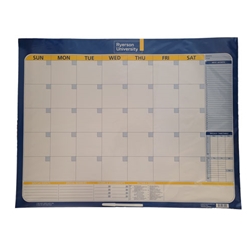 A laminated calendar with one month on one side and 4 months on the other. Includes a erasable marker. The Ryerson University logo appears at the top